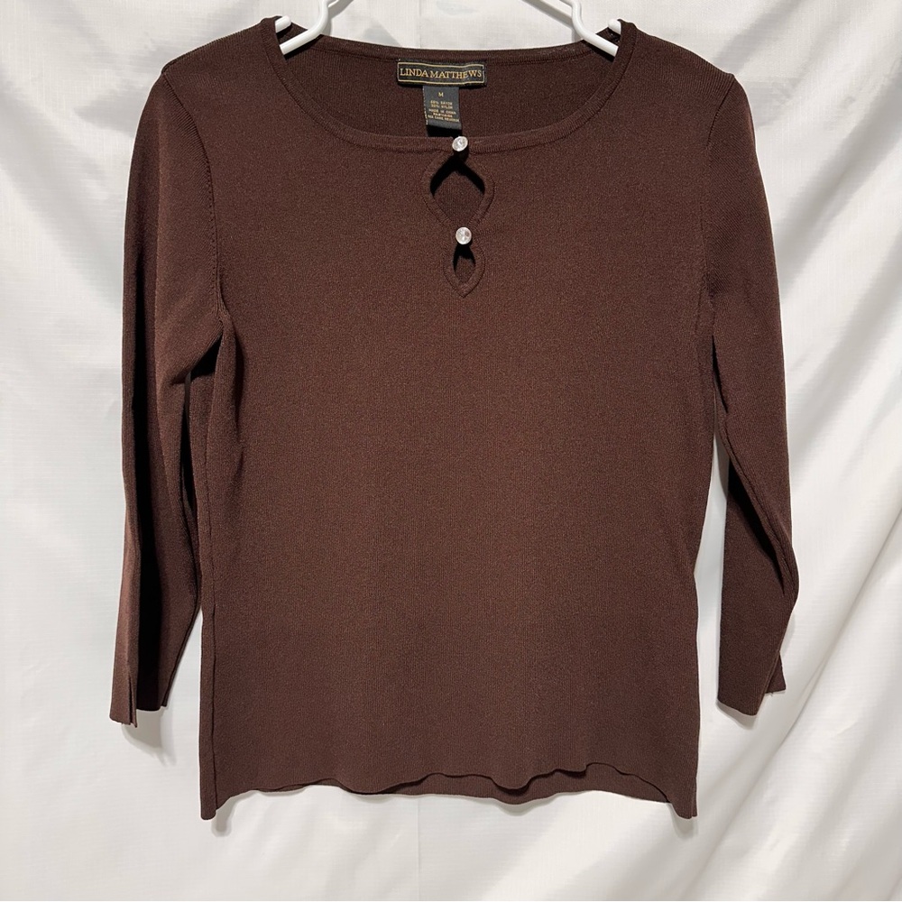 Linda Matthews Chocolate Brown Long Sleeve Top w/ Diamond-Style Buttons | M